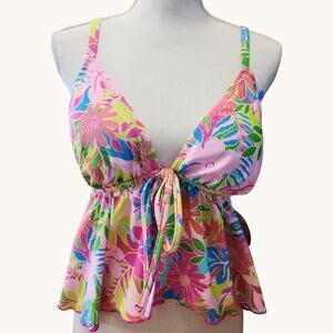 NWT Power 2 The Flower Womens Tankini Swim Top 1X Pink Floral Front Tie Bathing